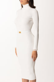 Elisabetta Franchi Abito In Maglia Midi Collo Alto con Cintura AM07B56E2 AVORIO