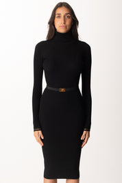 Elisabetta Franchi Abito In Maglia Midi Collo Alto con Cintura AM07B56E2 NERO