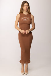 Elisabetta Franchi Abito In Maglia Stampa Logo e Micro Ruches AM07Q61E2 CUOIO