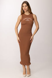 Elisabetta Franchi Abito In Maglia Stampa Logo e Micro Ruches AM07Q61E2 CUOIO