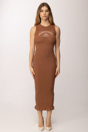 Elisabetta Franchi Abito In Maglia Stampa Logo e Micro Ruches AM07Q61E2 CUOIO