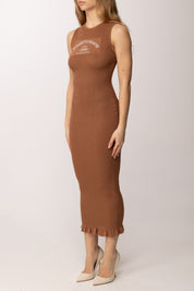 Elisabetta Franchi Abito In Maglia Stampa Logo e Micro Ruches AM07Q61E2 CUOIO