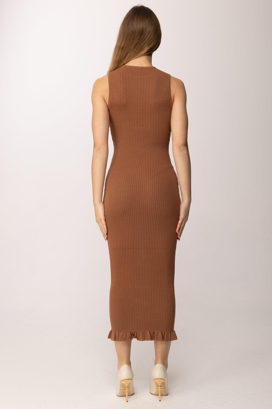 Elisabetta Franchi Abito In Maglia Stampa Logo e Micro Ruches AM07Q61E2 CUOIO