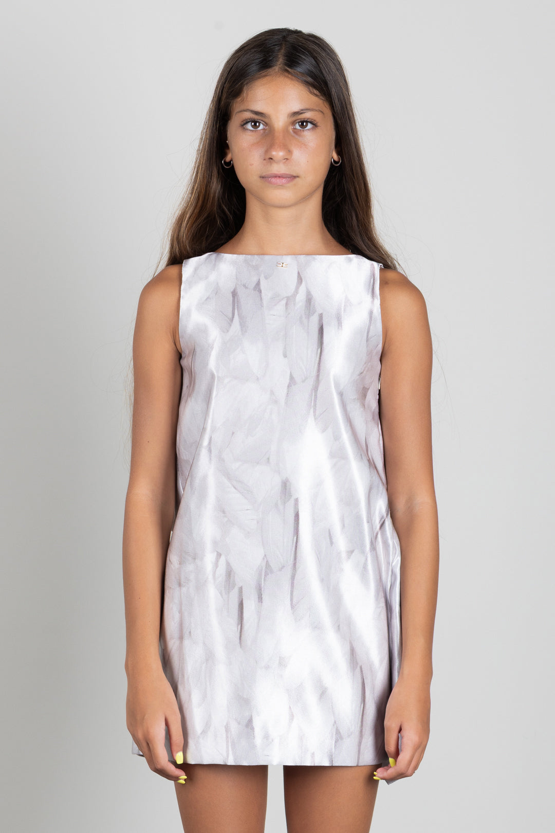Elisabetta Franchi Bambina Abito In Shantung Stampa Piume con Maxi Fiocco Retro EFAB7100RAE03.0015