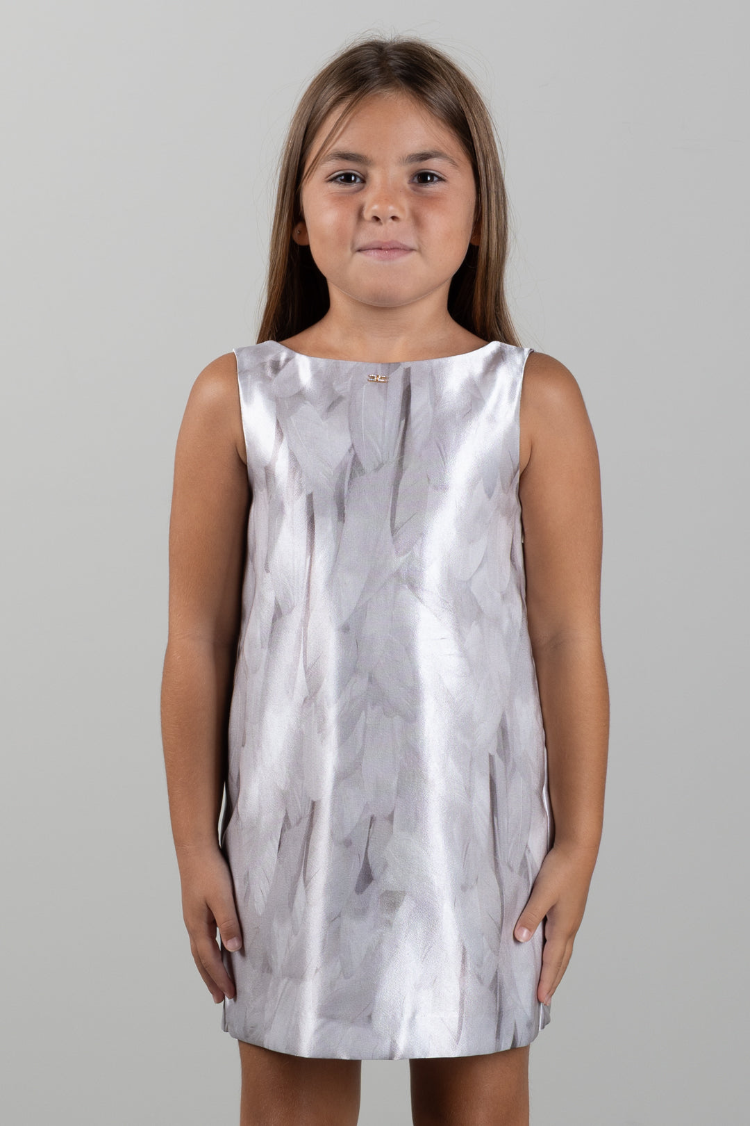 Elisabetta Franchi Bambina Abito In Shantung Stampa Piume con Maxi Fiocco Retro EFAB7100RAE03.0015