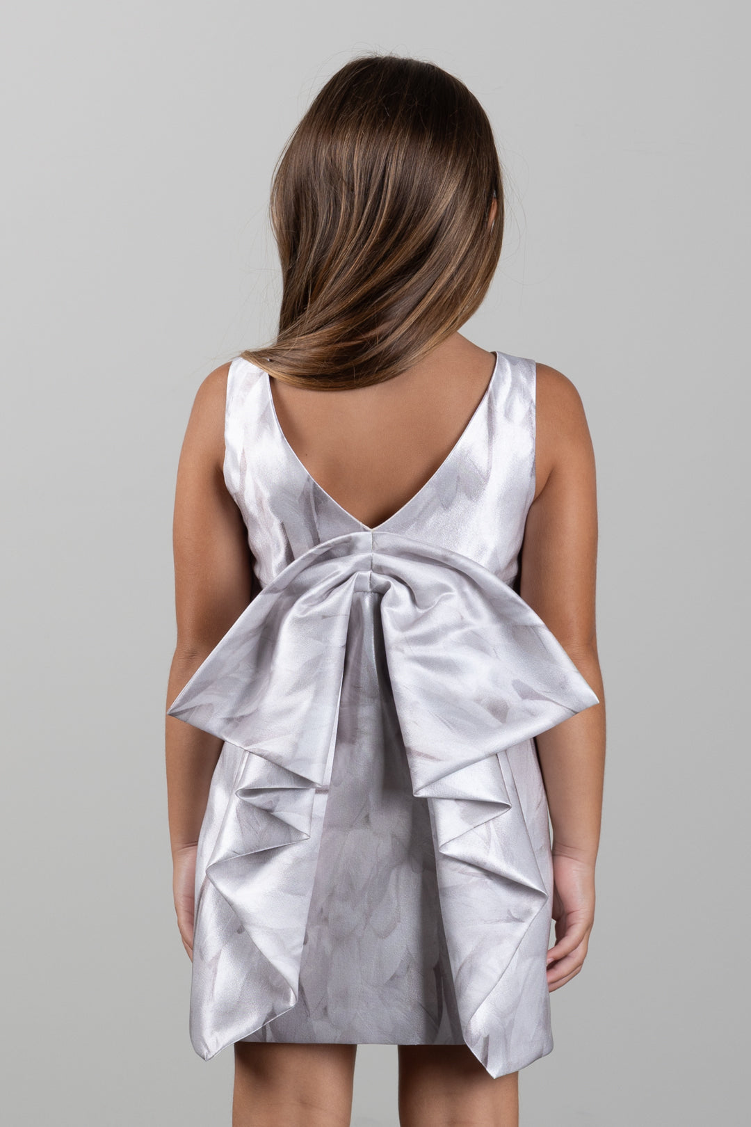 Elisabetta Franchi Bambina Abito In Shantung Stampa Piume con Maxi Fiocco Retro EFAB7100RAE03.0015