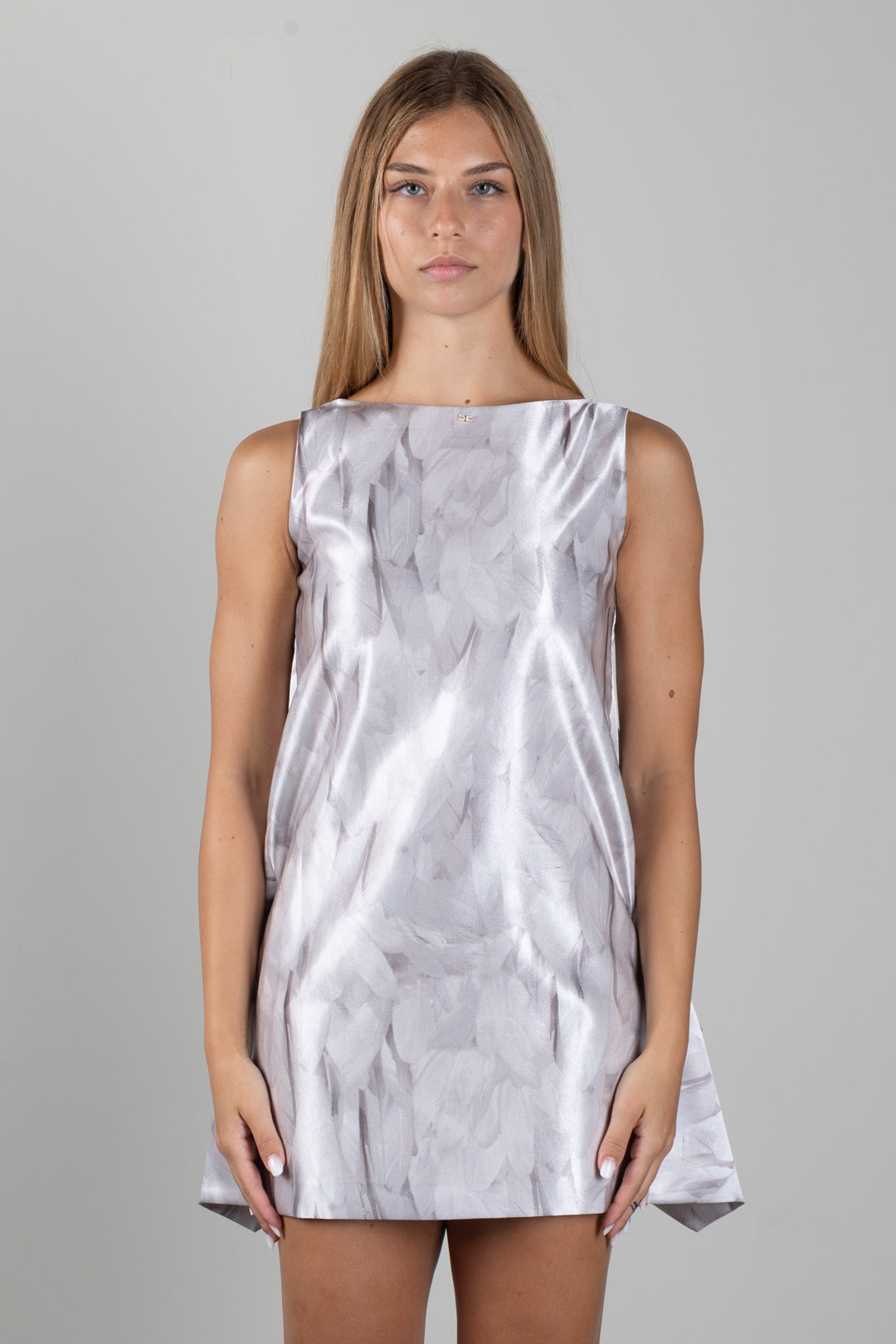 Elisabetta Franchi Bambina Abito In Shantung Stampa Piume con Maxi Fiocco Retro EFAB7100RAE03.0015