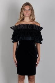 Elisabetta Franchi Abito In Velluto con Maxi Balze Plissé AB01467E2 NERO