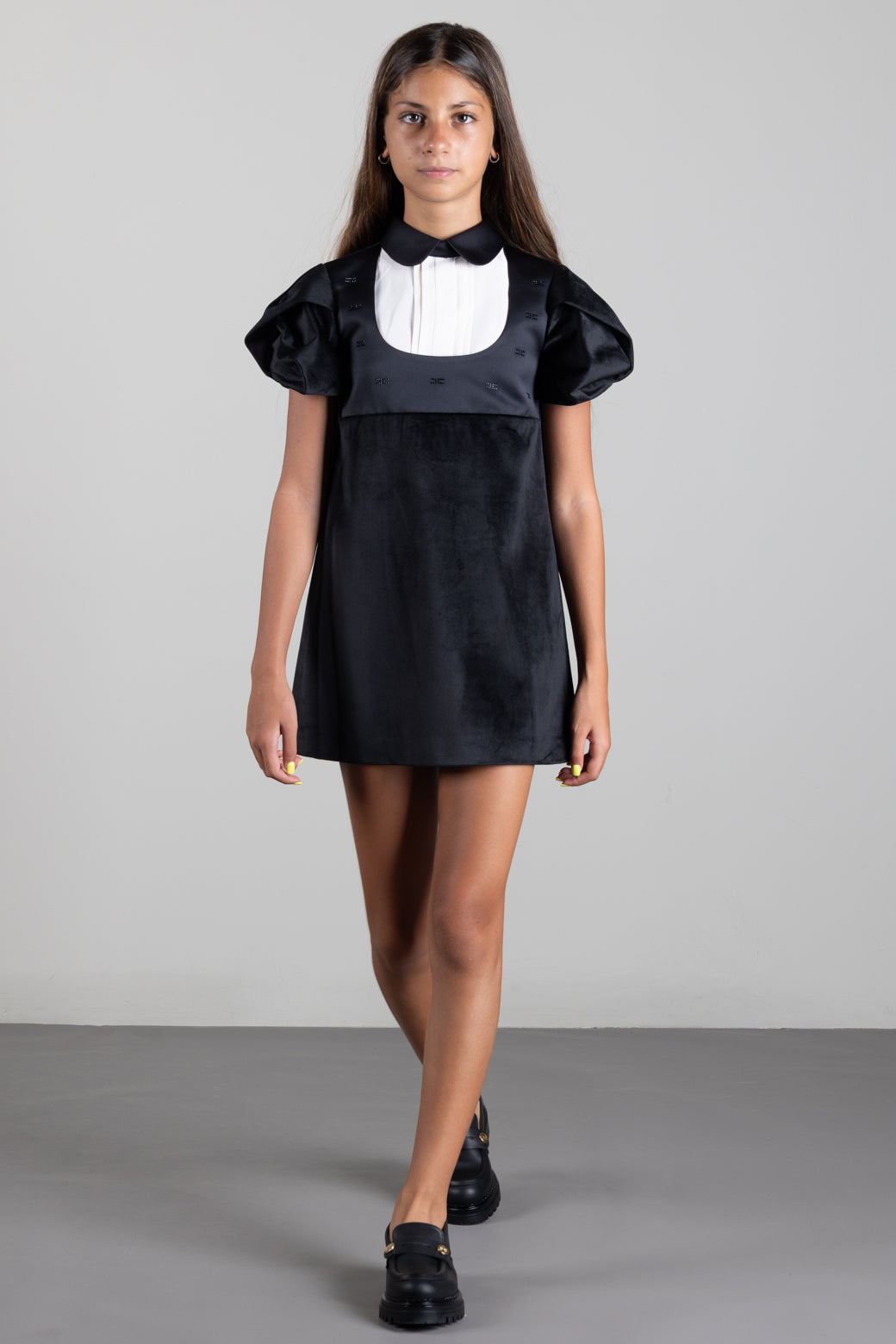 Elisabetta Franchi Bambina Abito In Velluto con Plastron a Contrasto EFAB7000VE018.N077