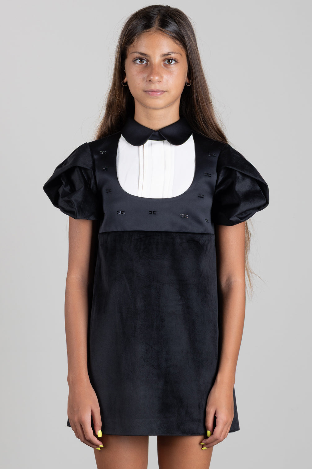 Elisabetta Franchi Bambina Abito In Velluto con Plastron a Contrasto EFAB7000VE018.N077