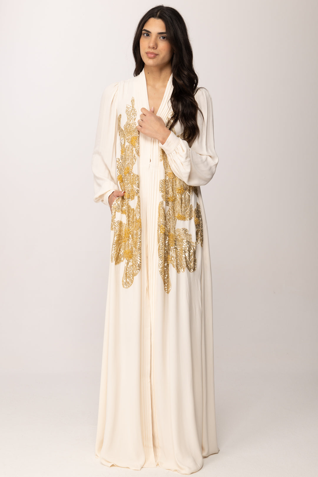 Elisabetta Franchi Abito Kimono Fluido con Ricami Gioiello KI00365E2 BURRO