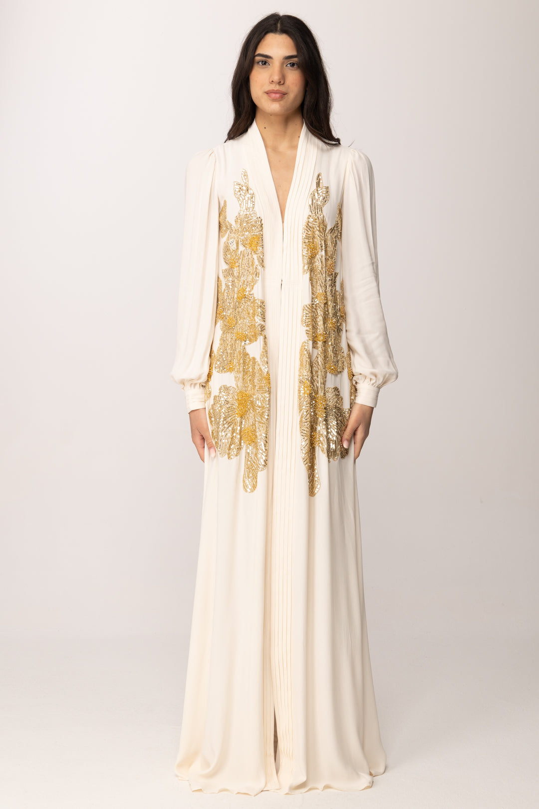 Elisabetta Franchi Abito Kimono Fluido con Ricami Gioiello KI00365E2 BURRO