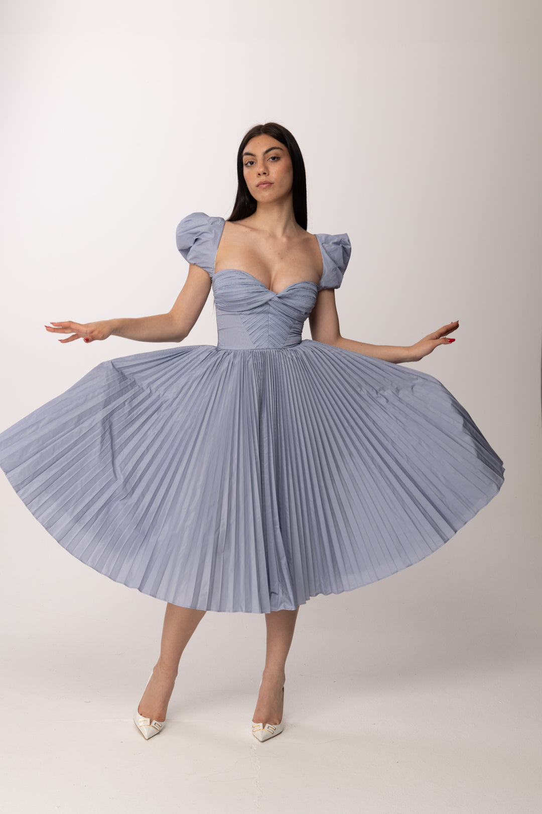 Elisabetta Franchi Abito Longuette con Maniche Balloon In Taffetà AB96762E2 OXFORD