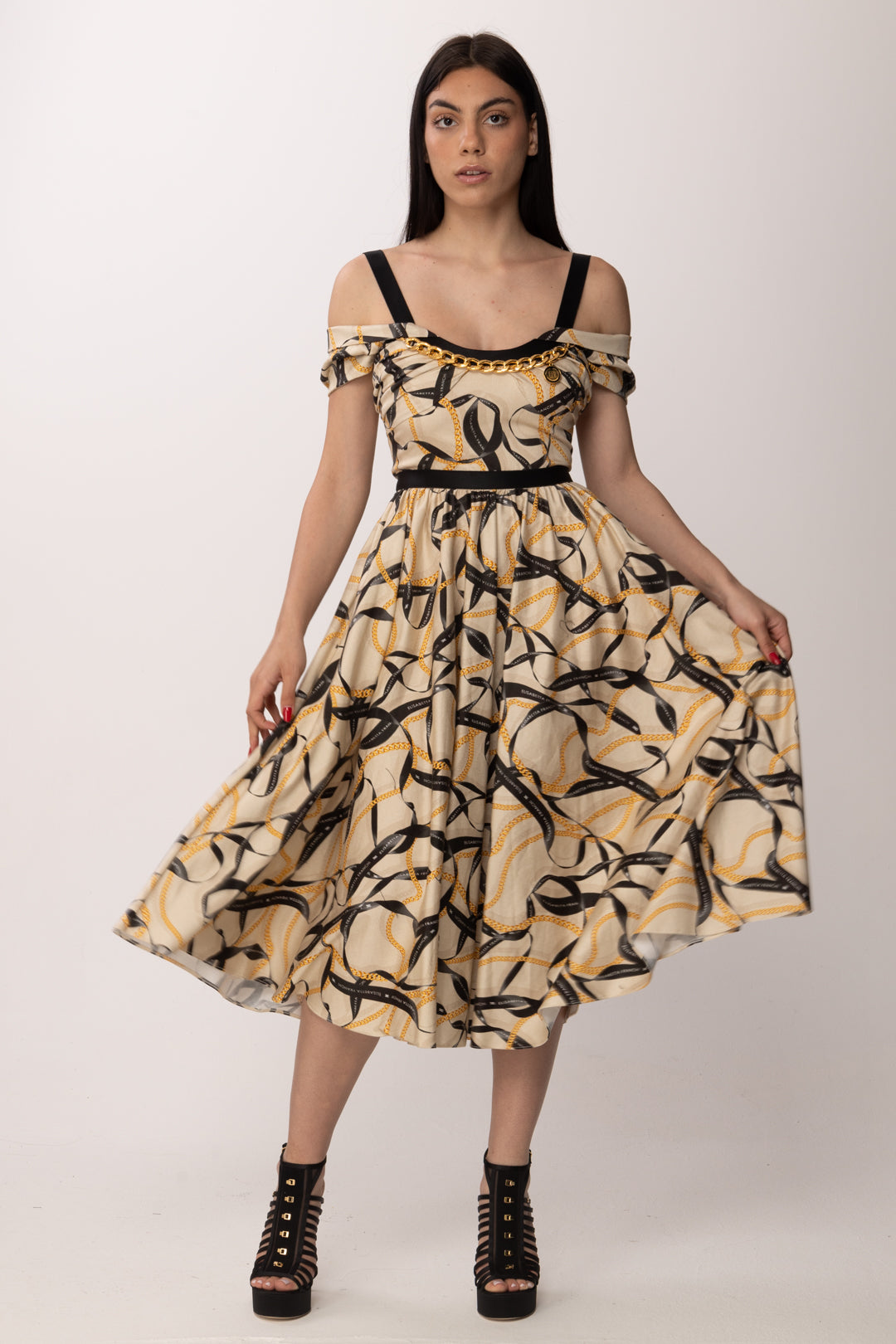 Elisabetta Franchi Abito Longuette con Stampa Nastri AB91061E2 CREMA