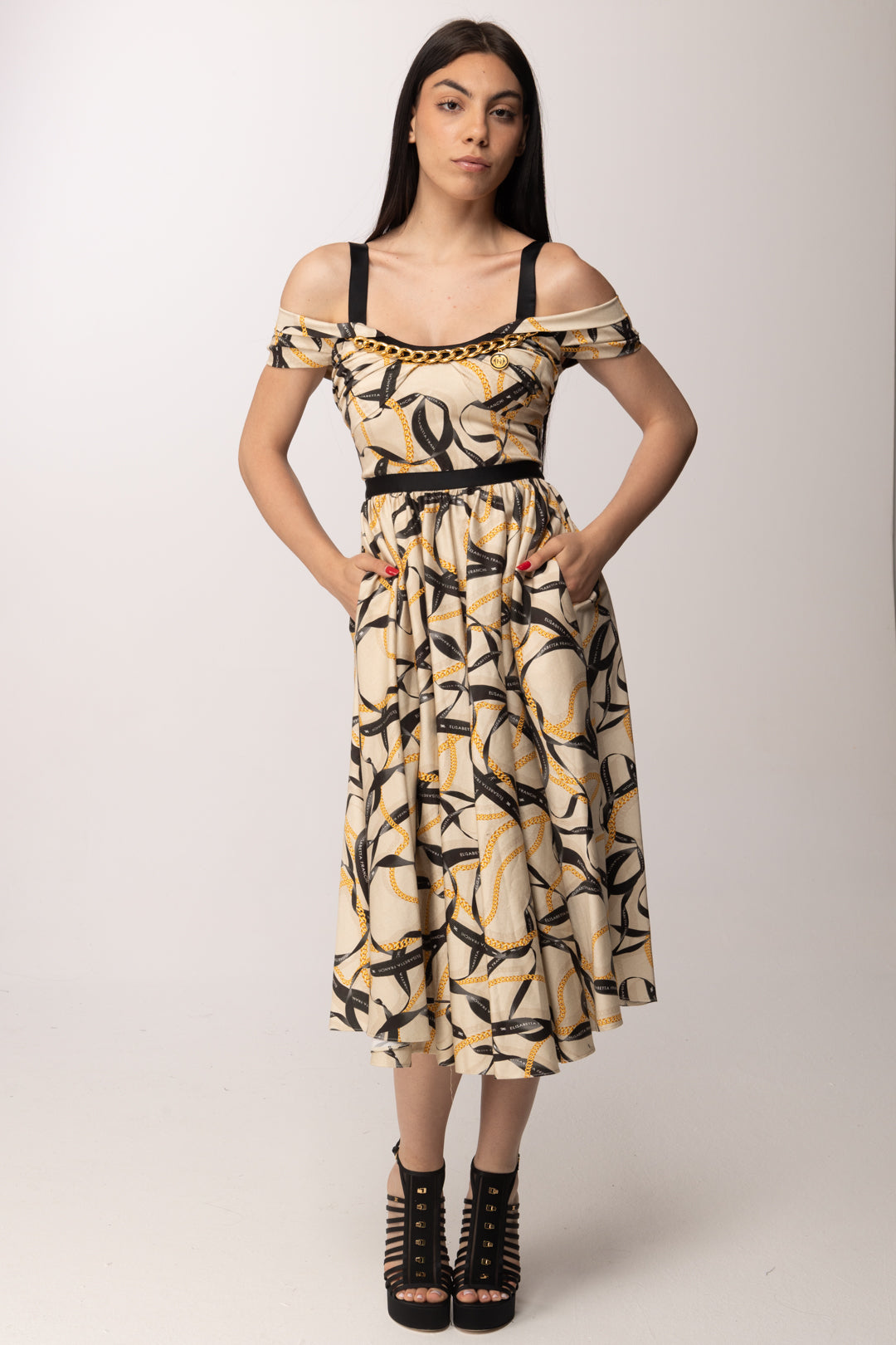 Elisabetta Franchi Abito Longuette con Stampa Nastri AB91061E2 CREMA