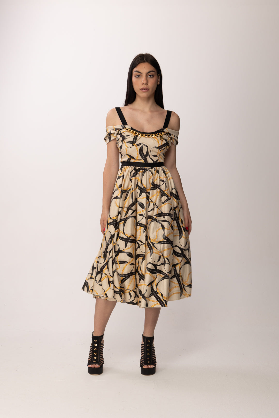 Elisabetta Franchi Abito Longuette con Stampa Nastri AB91061E2 CREMA