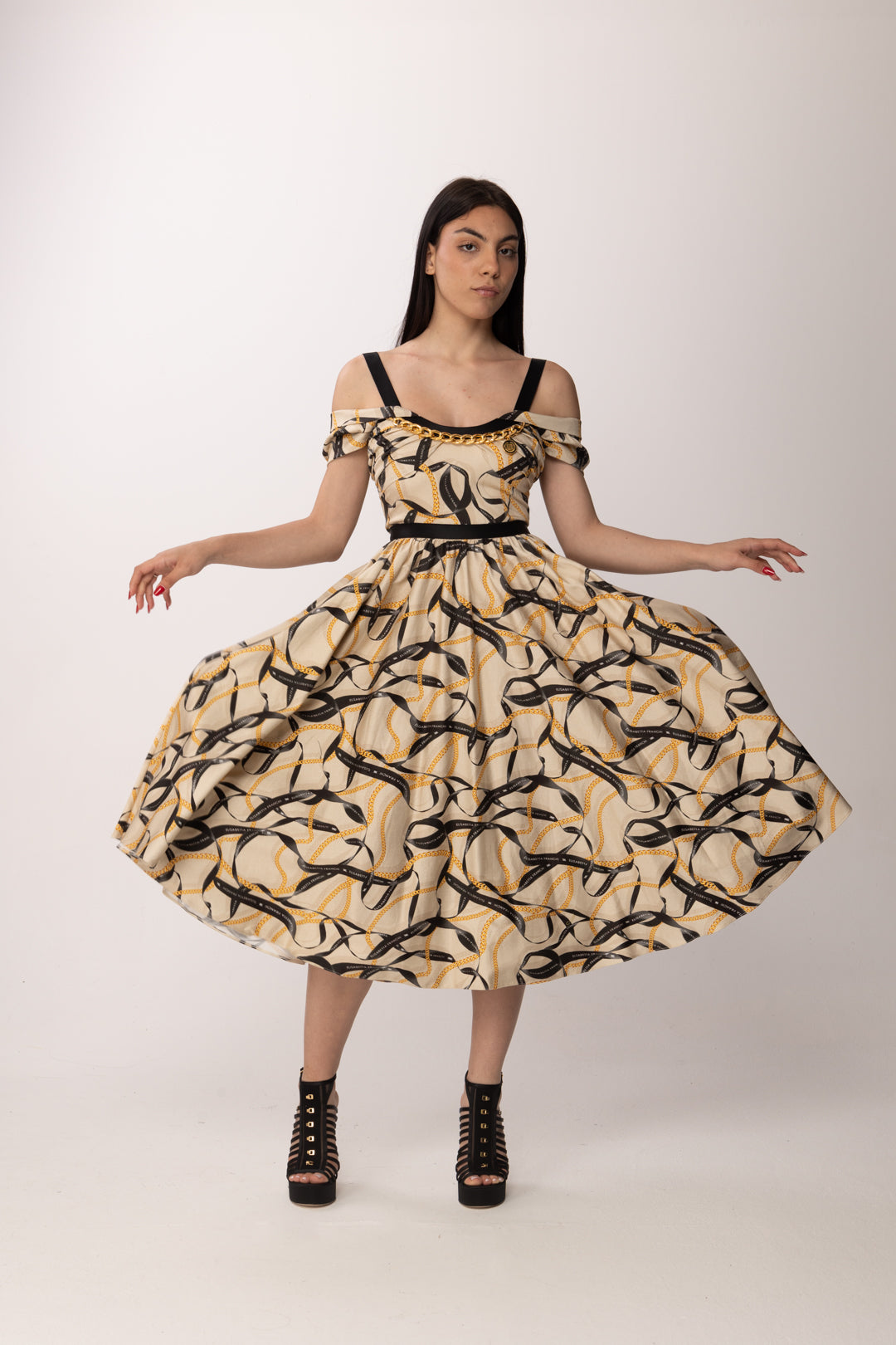 Elisabetta Franchi Abito Longuette con Stampa Nastri AB91061E2 CREMA