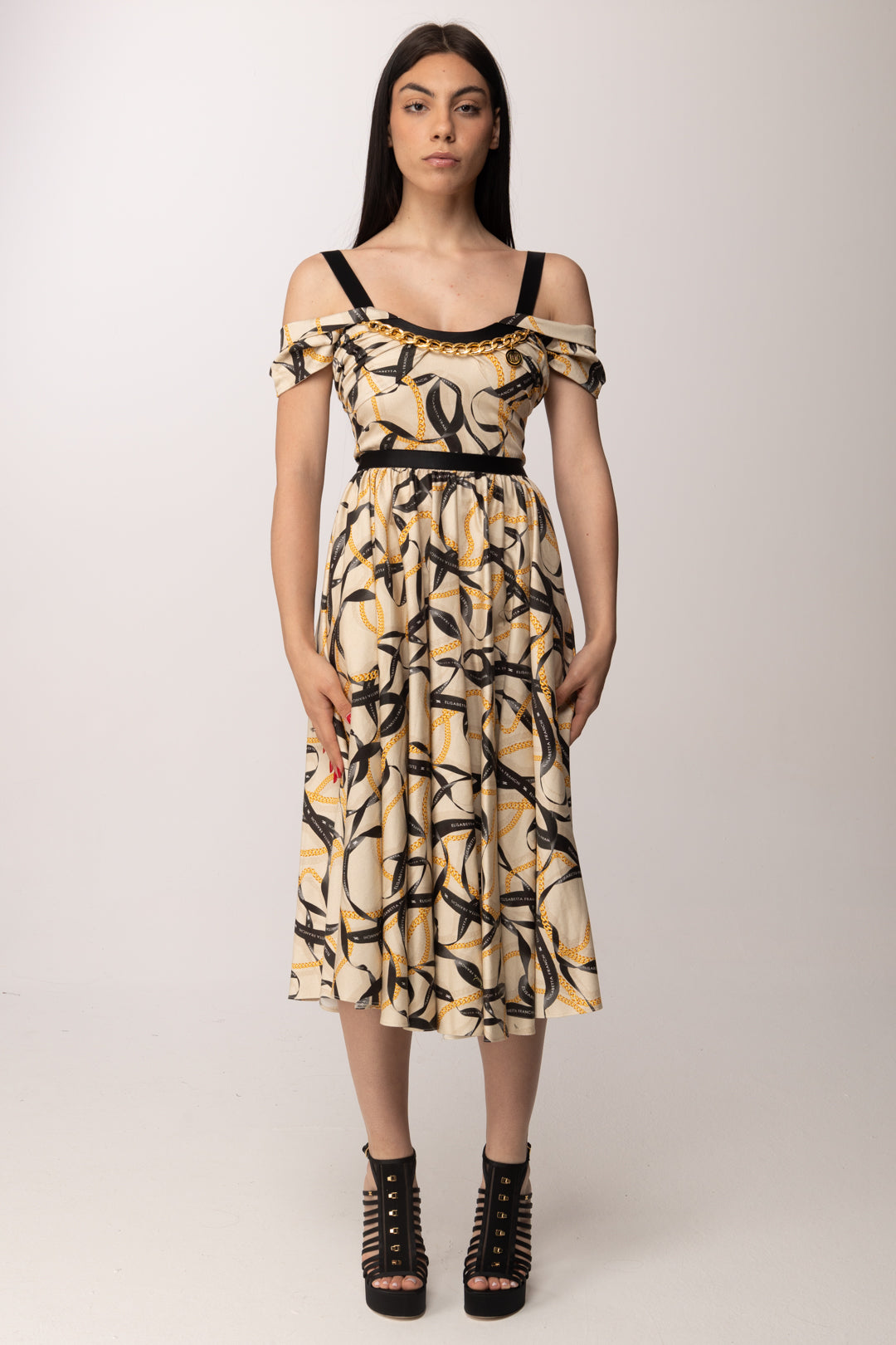 Elisabetta Franchi Abito Longuette con Stampa Nastri AB91061E2 CREMA