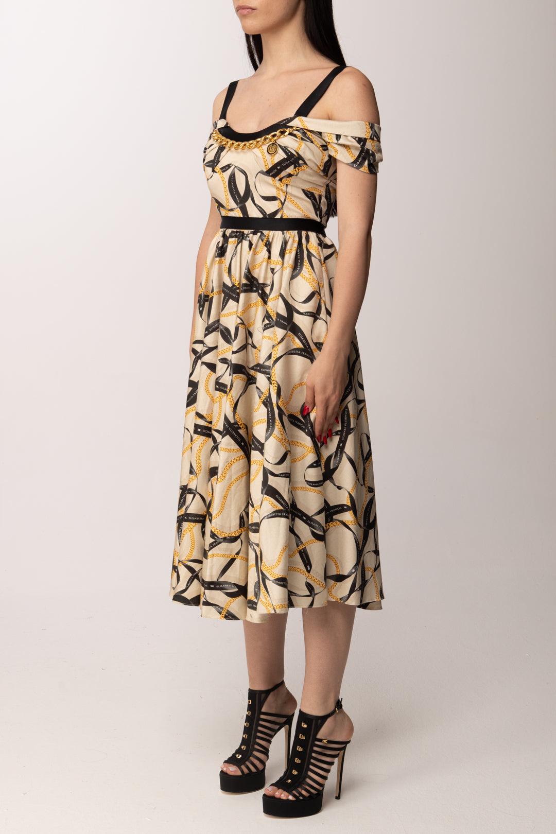 Elisabetta Franchi Abito Longuette con Stampa Nastri AB91061E2 CREMA
