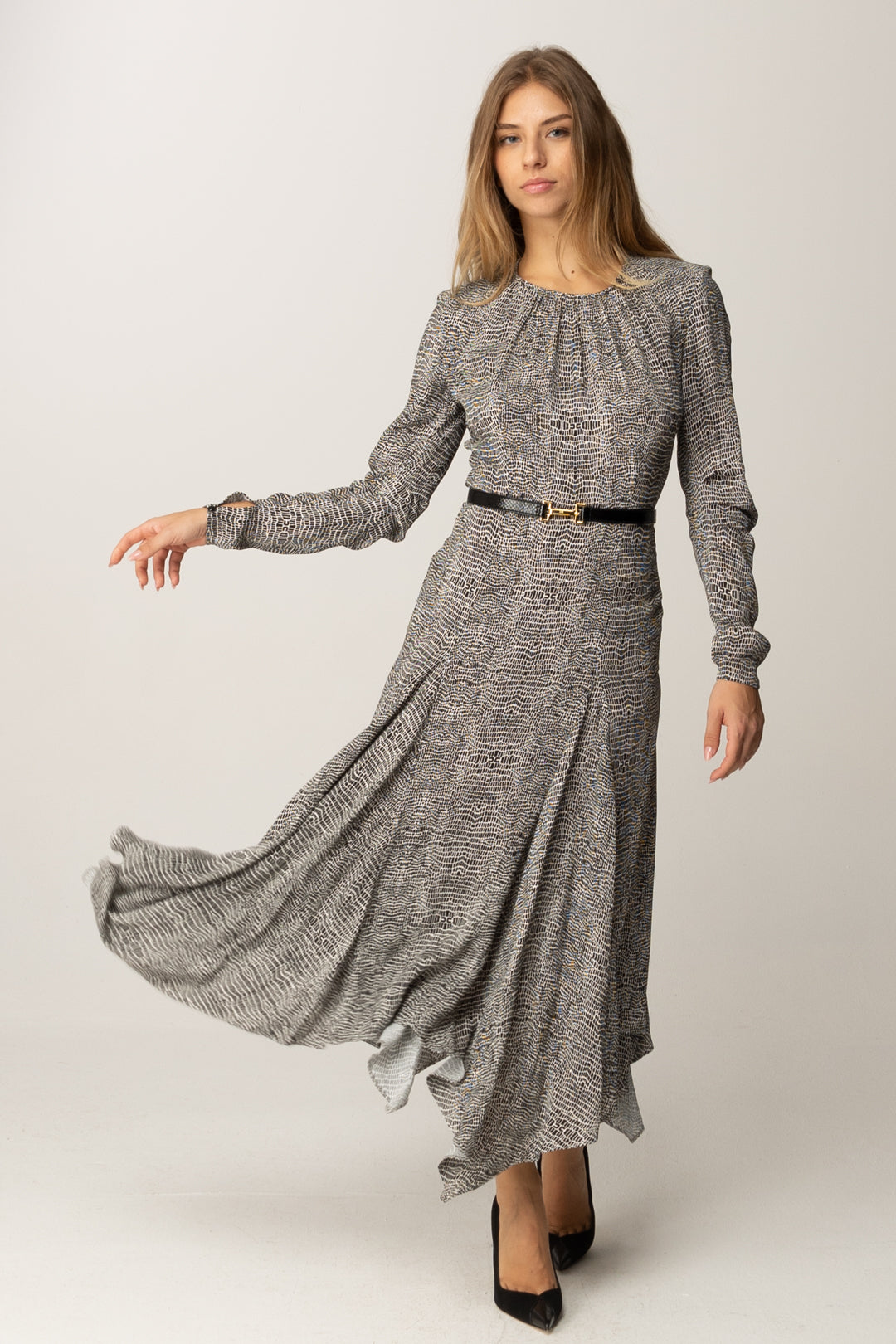 Elisabetta Franchi Abito Longuette con Stampa Pitone e Cintura AB88057E2 NERO