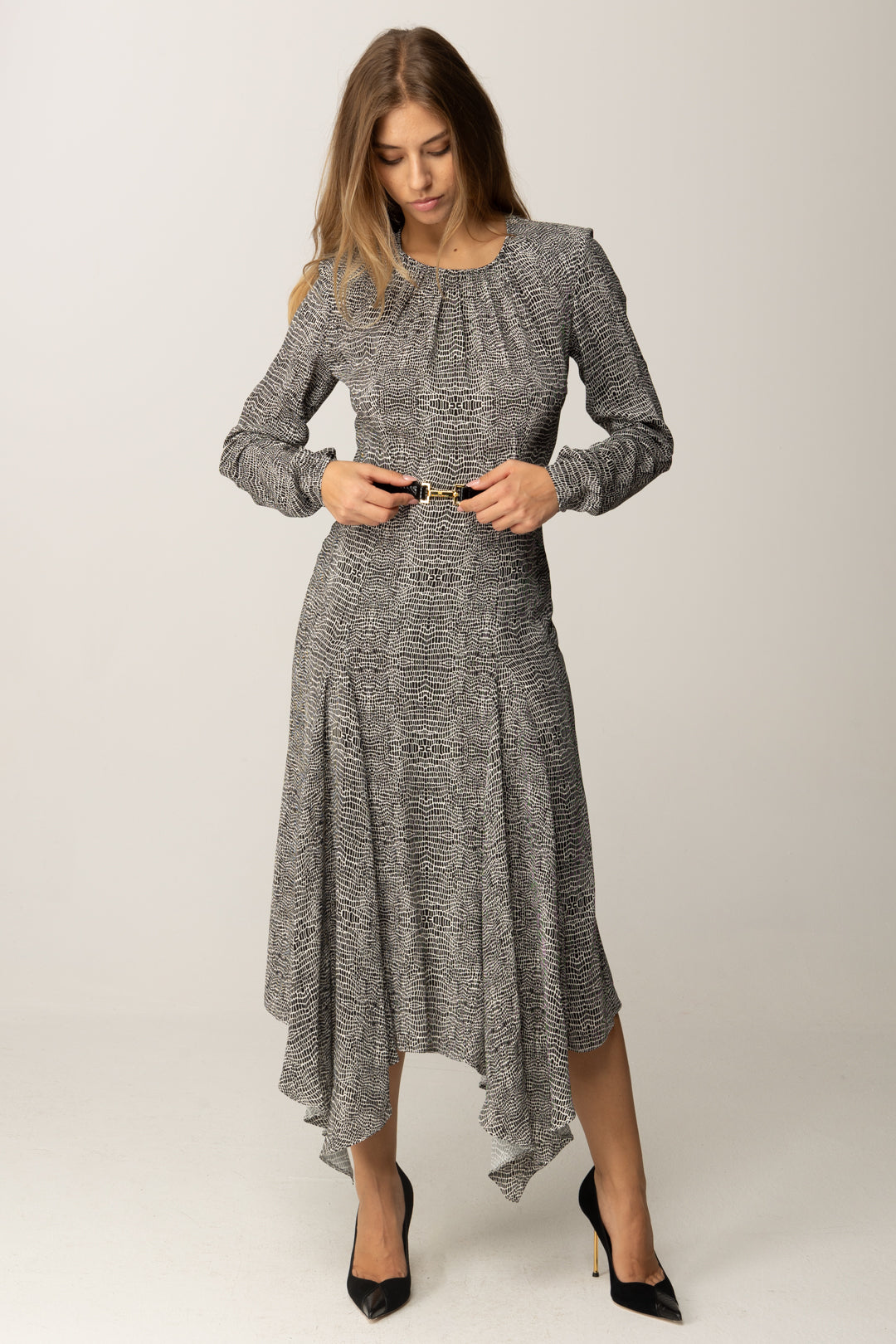 Elisabetta Franchi Abito Longuette con Stampa Pitone e Cintura AB88057E2 NERO