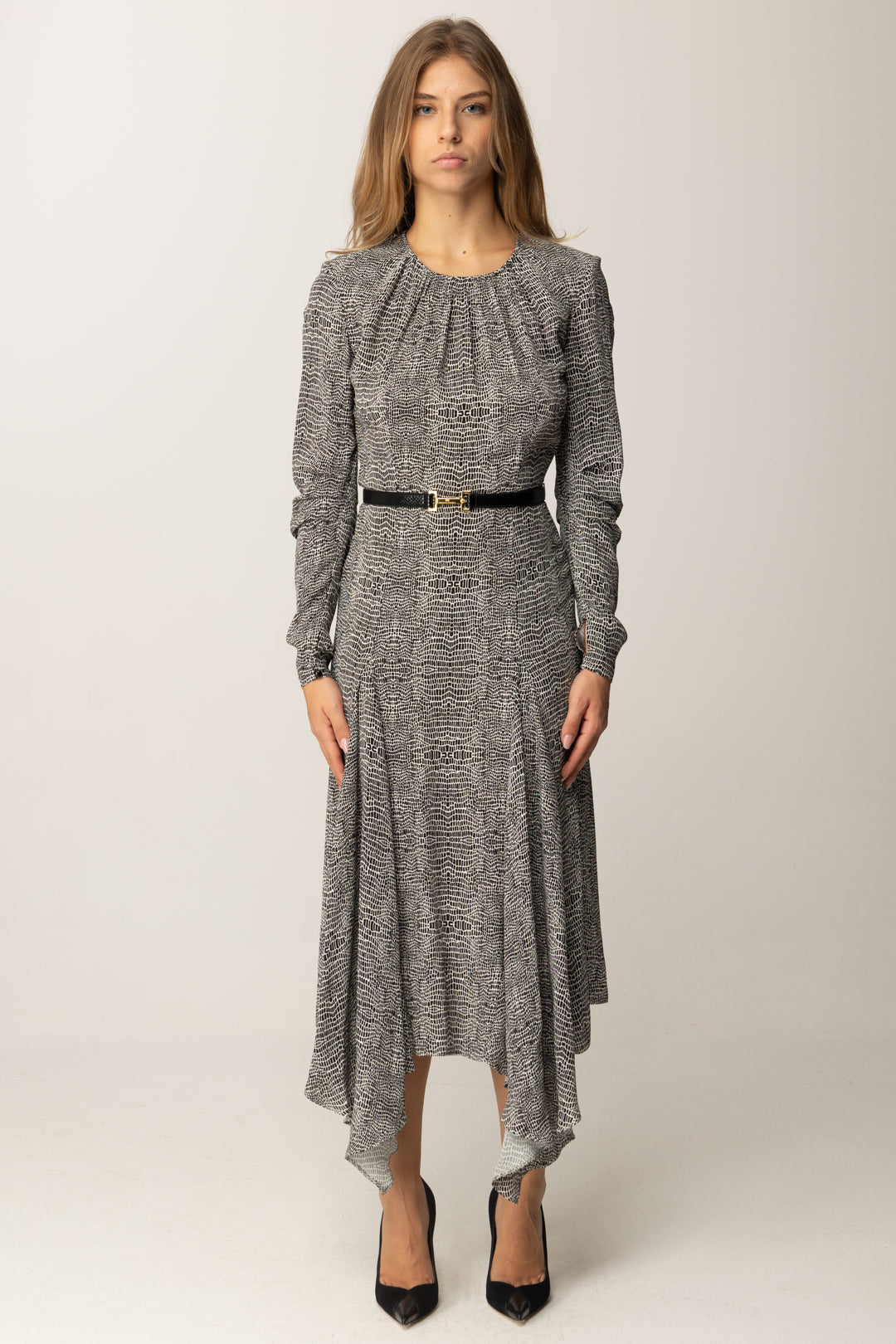 Elisabetta Franchi Abito Longuette con Stampa Pitone e Cintura AB88057E2 NERO