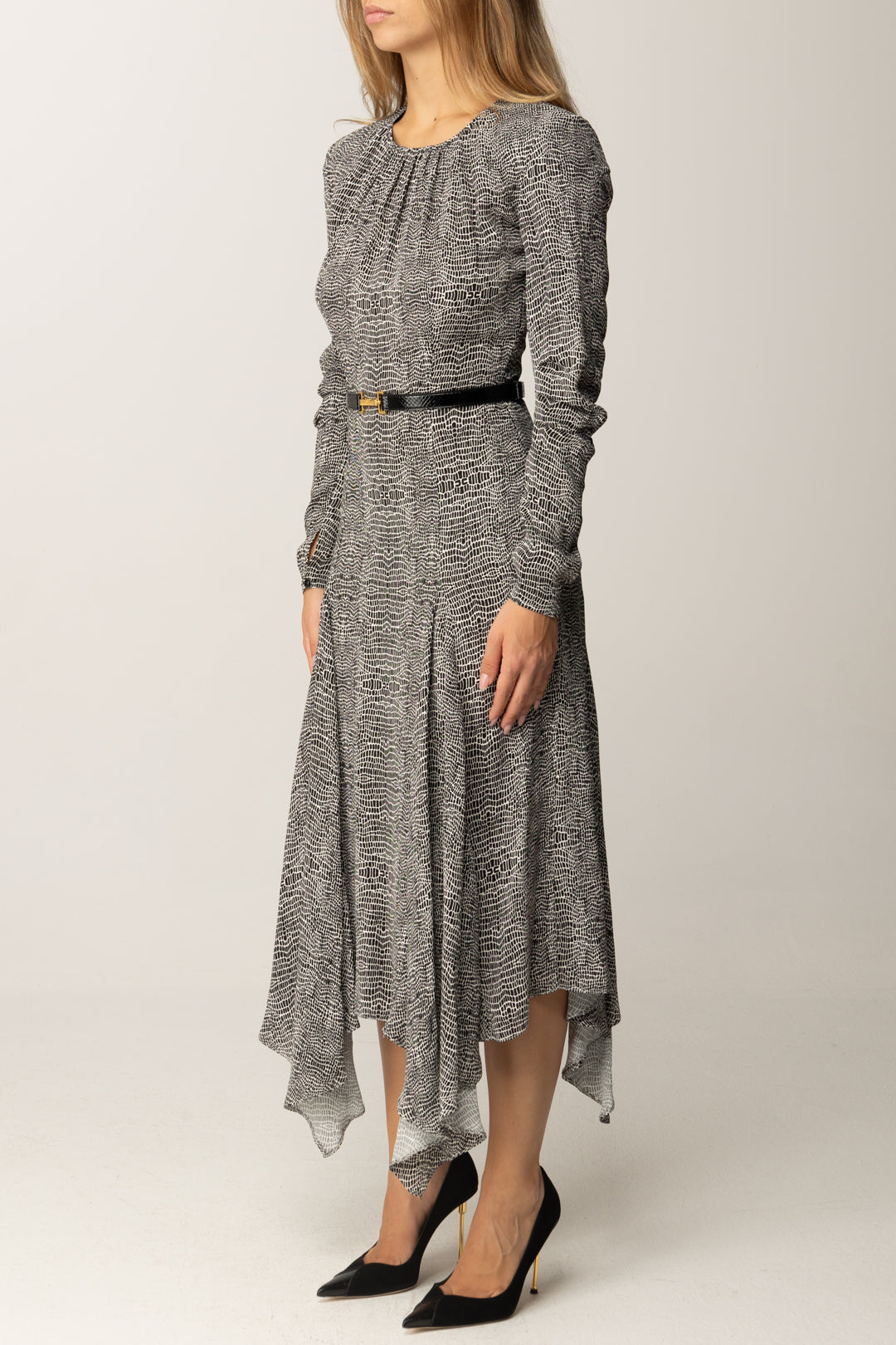 Elisabetta Franchi Abito Longuette con Stampa Pitone e Cintura AB88057E2 NERO