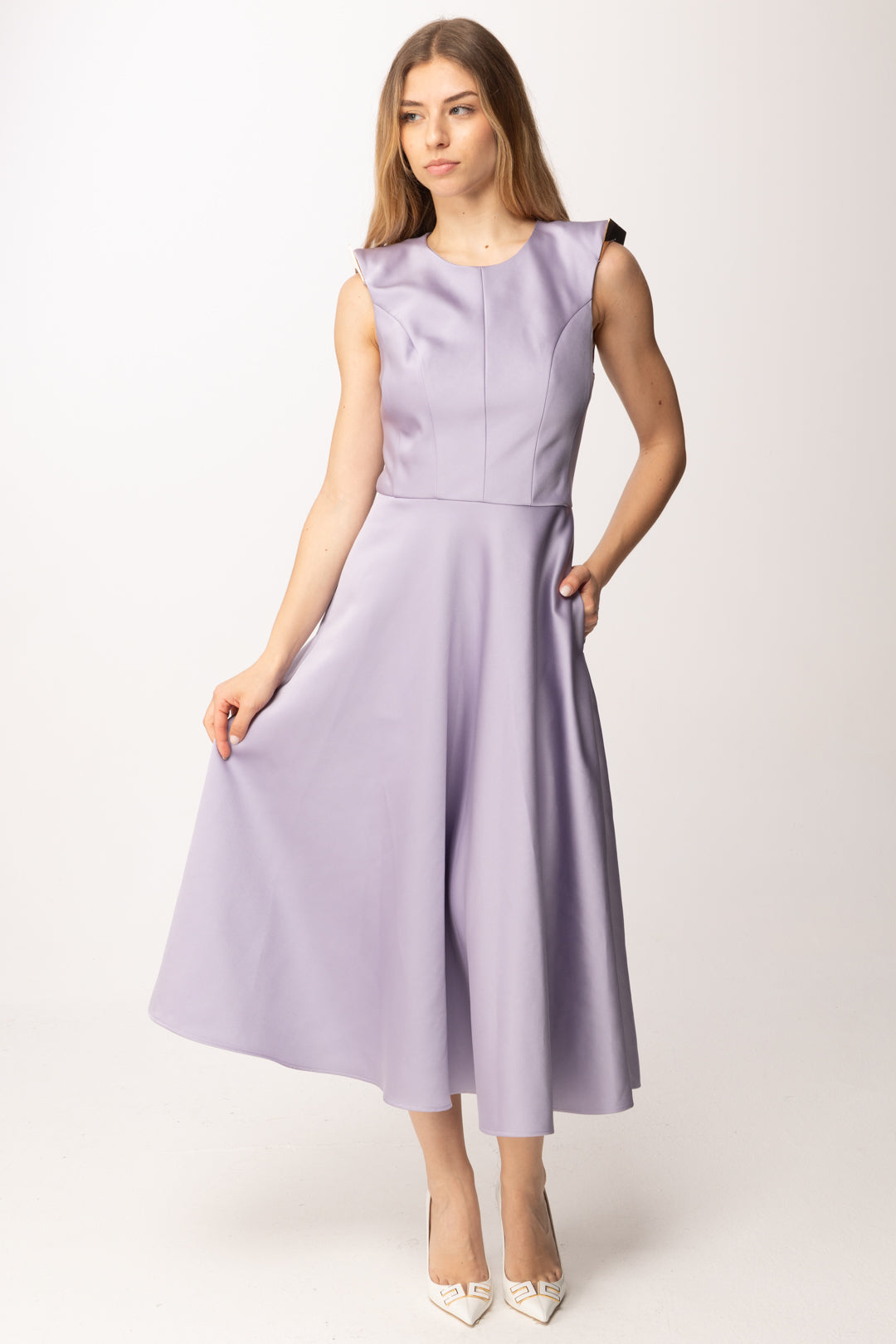 Elisabetta Franchi Abito Longuette In Duchesse con Spalle Gioiello AB95462E2 LILLA