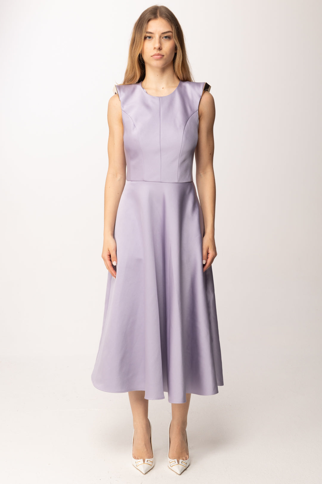 Elisabetta Franchi Abito Longuette In Duchesse con Spalle Gioiello AB95462E2 LILLA