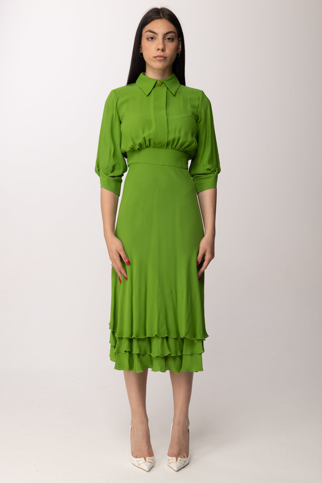 Elisabetta Franchi Donna Abito Longuette In Georgette Di Viscosa con Balze  AB92361E2 ALOE – Khloefemme