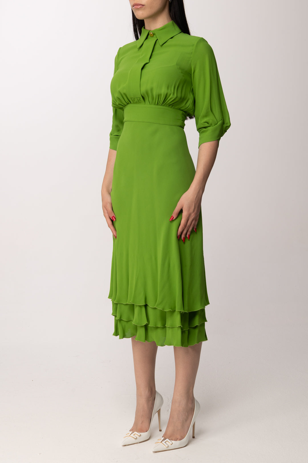 Elisabetta Franchi Abito Longuette In Georgette Di Viscosa con Balze AB92361E2 ALOE