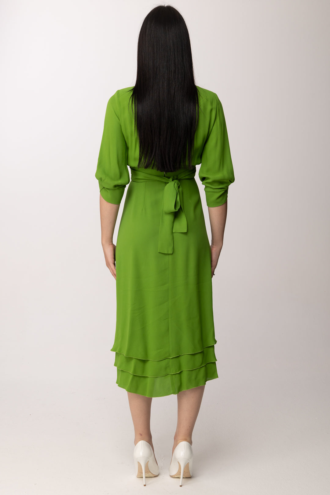 Elisabetta Franchi Abito Longuette In Georgette Di Viscosa con Balze AB92361E2 ALOE