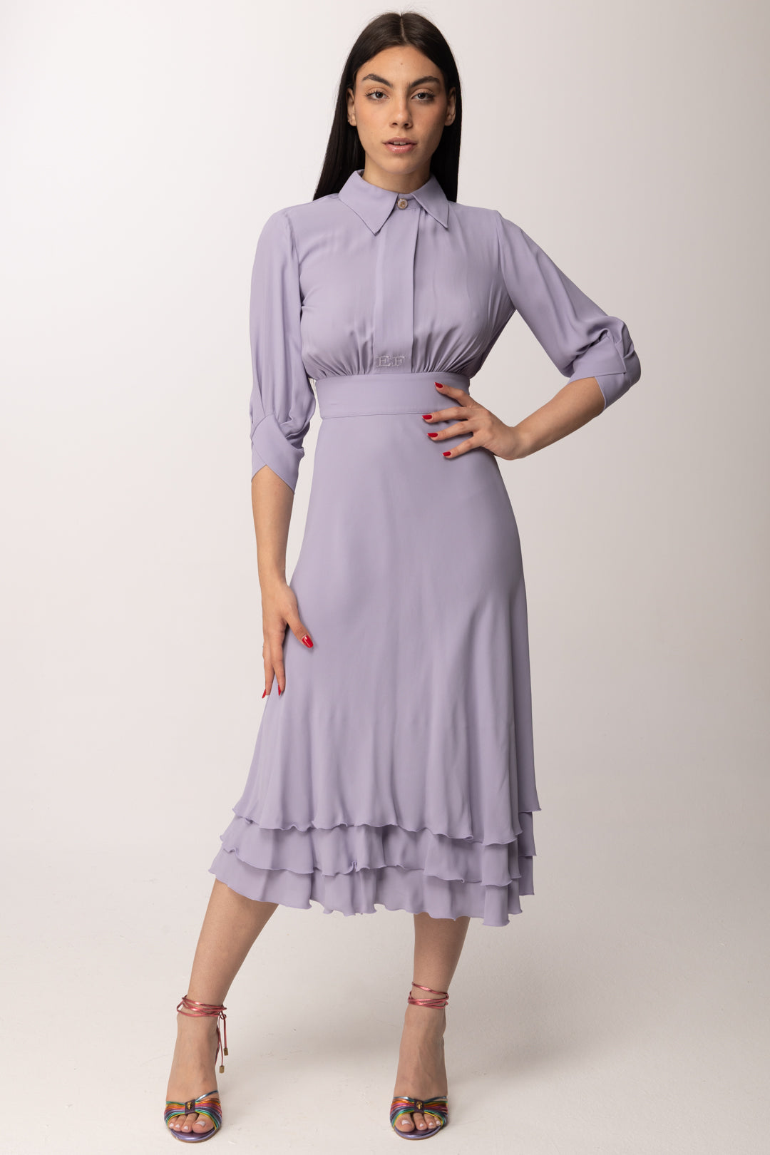 Elisabetta Franchi Abito Longuette In Georgette Di Viscosa con Balze AB92361E2 LILLA