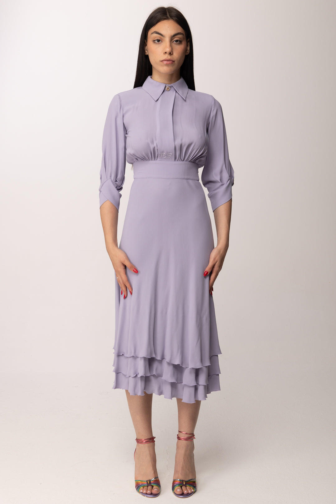 Elisabetta Franchi Abito Longuette In Georgette Di Viscosa con Balze AB92361E2 LILLA