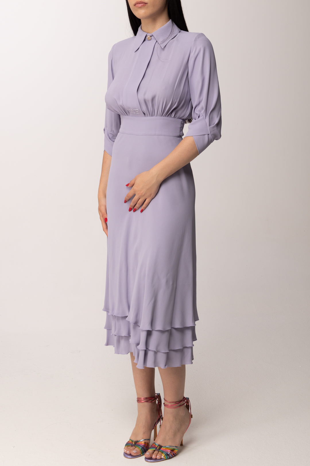 Elisabetta Franchi Abito Longuette In Georgette Di Viscosa con Balze AB92361E2 LILLA