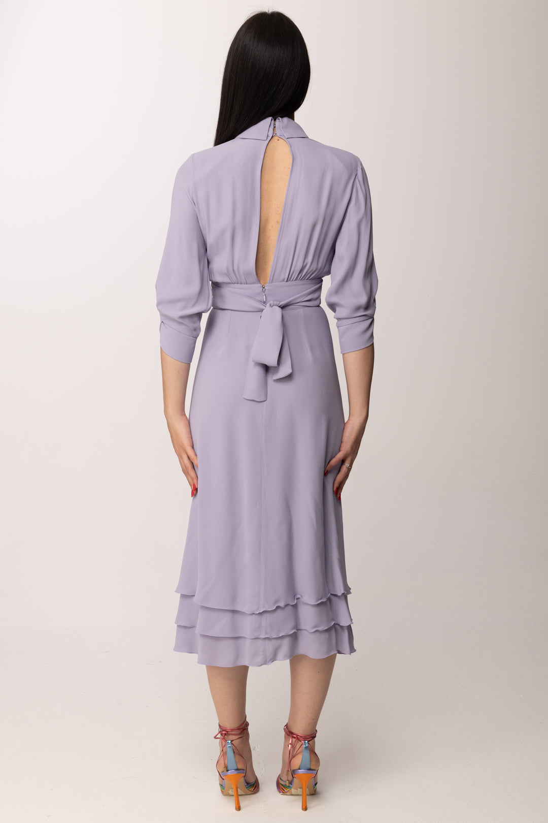 Elisabetta Franchi Abito Longuette In Georgette Di Viscosa con Balze AB92361E2 LILLA