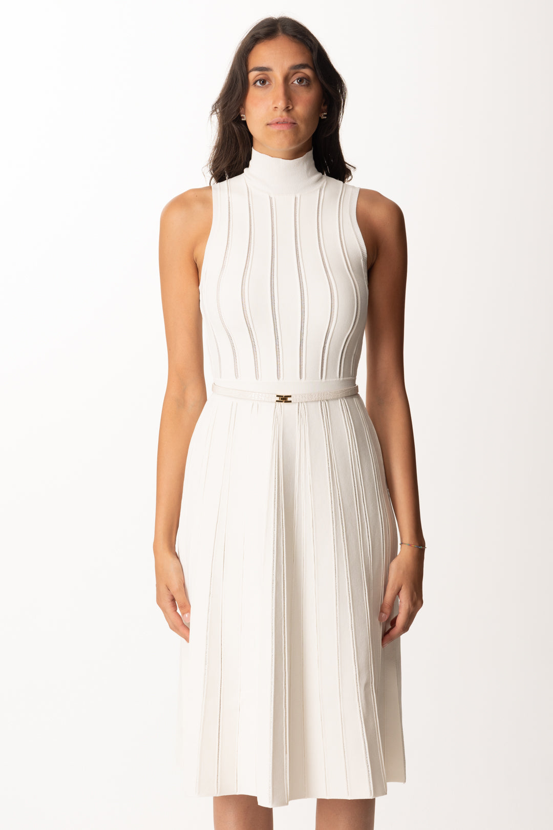 Elisabetta Franchi Abito Longuette In Maglia con Trama à Jour AM02S56E2 MILK