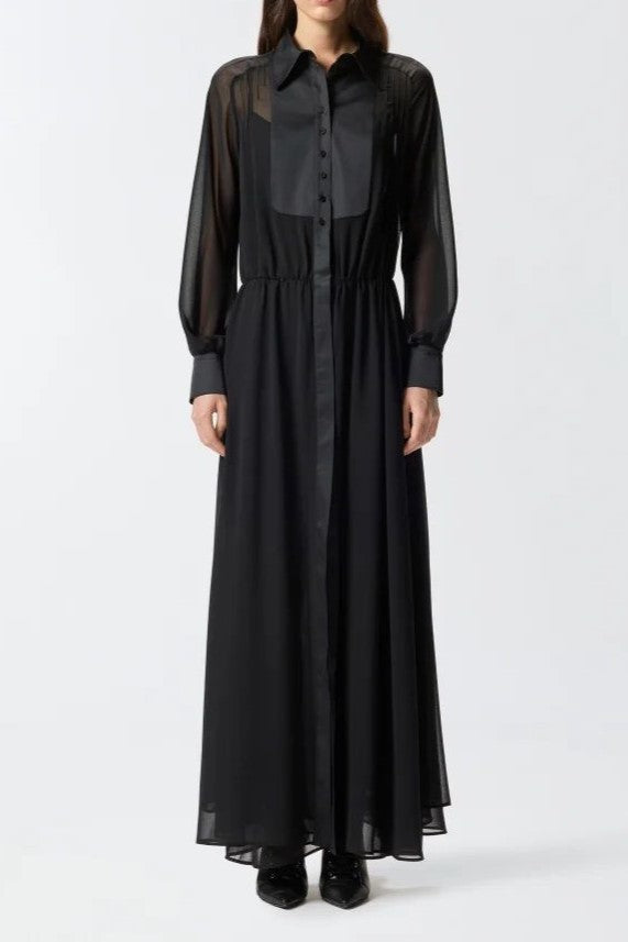 Pinko Abito Lungo Chemisier con Plastron e Trasparenze NERO LIMOUSINE