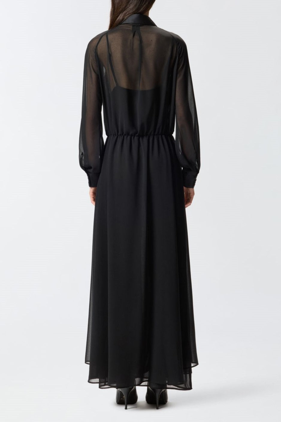 Pinko Abito Lungo Chemisier con Plastron e Trasparenze NERO LIMOUSINE