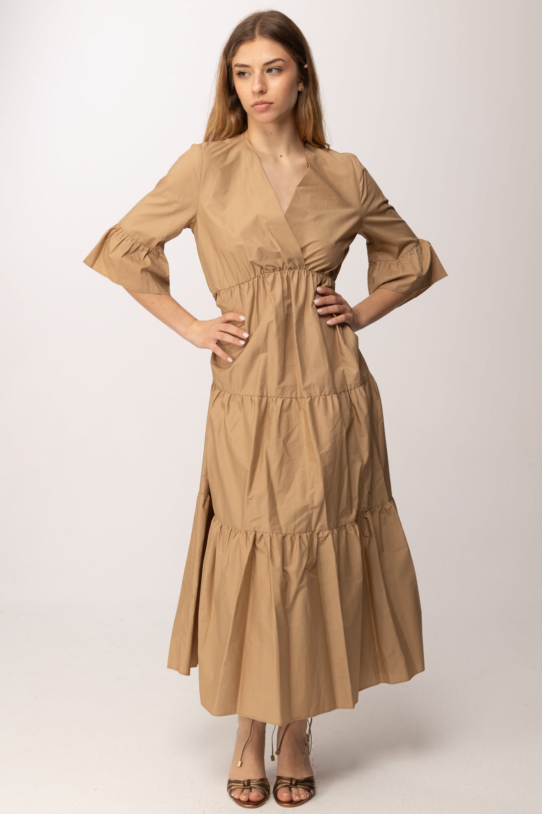 Aniye By Abito Lungo con Balze e Scollo a V 185309 CARAMEL PE26