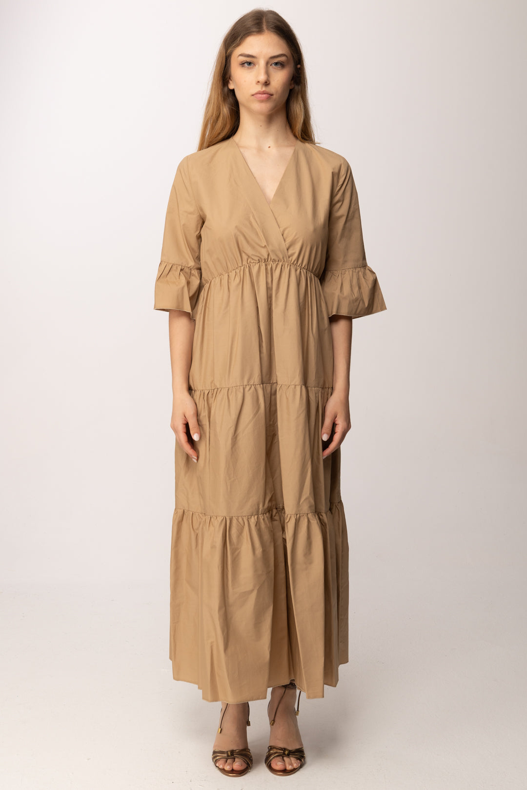 Aniye By Abito Lungo con Balze e Scollo a V 185309 CARAMEL PE26