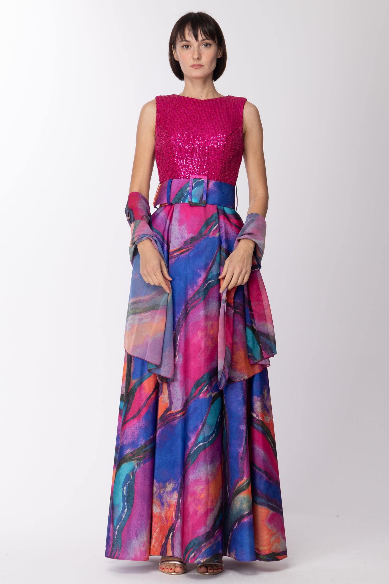 Fabiana Ferri Woman Long Dress with Embroidered Top and Patterned Skirt  30762 FANTISIA  Khloefemme