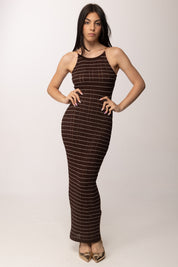 Elisabetta Franchi Abito Lungo In Maglia a Righe con Catene AM29Q62E2 CACAO/AVORIO