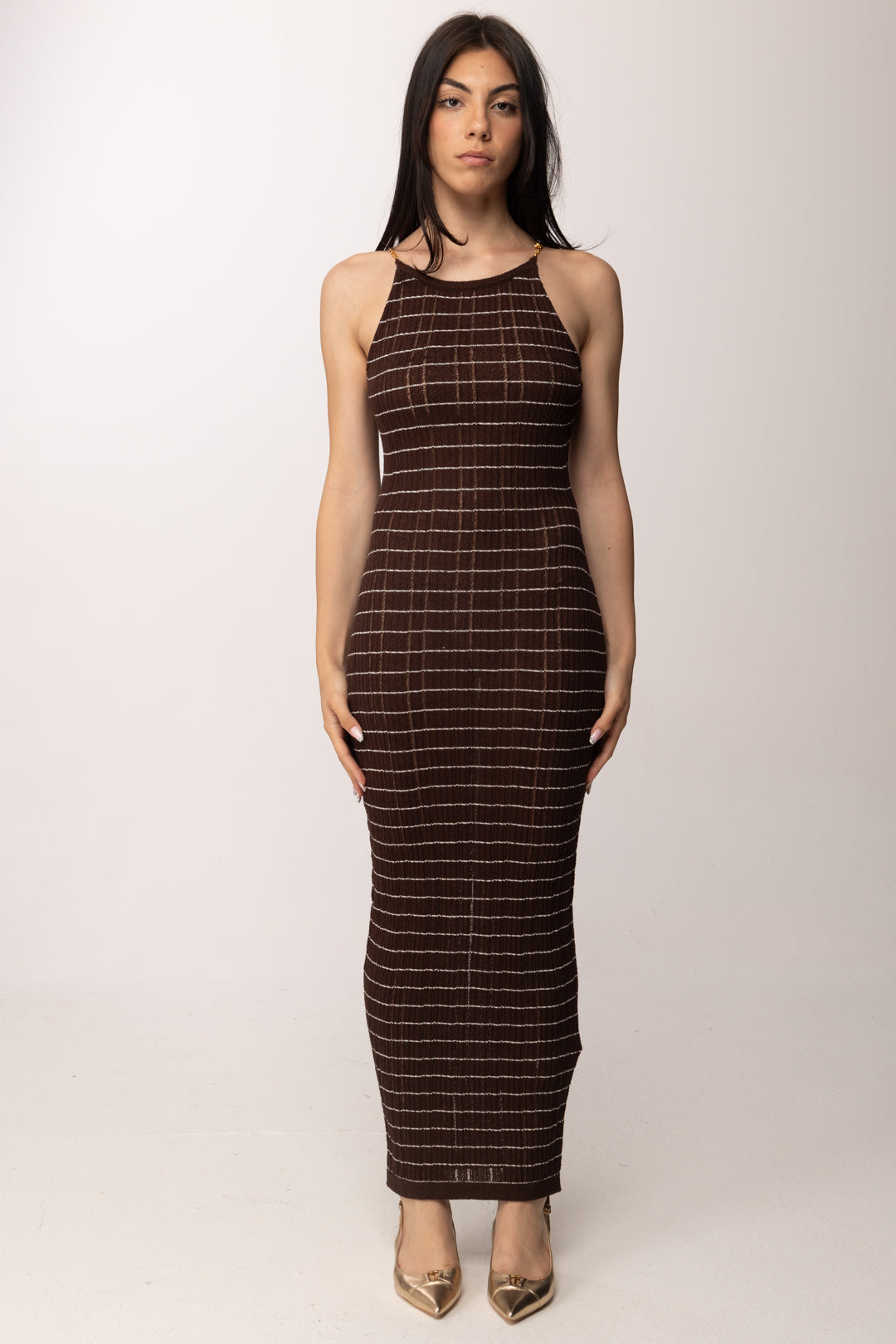 Elisabetta Franchi Abito Lungo In Maglia a Righe con Catene AM29Q62E2 CACAO/AVORIO