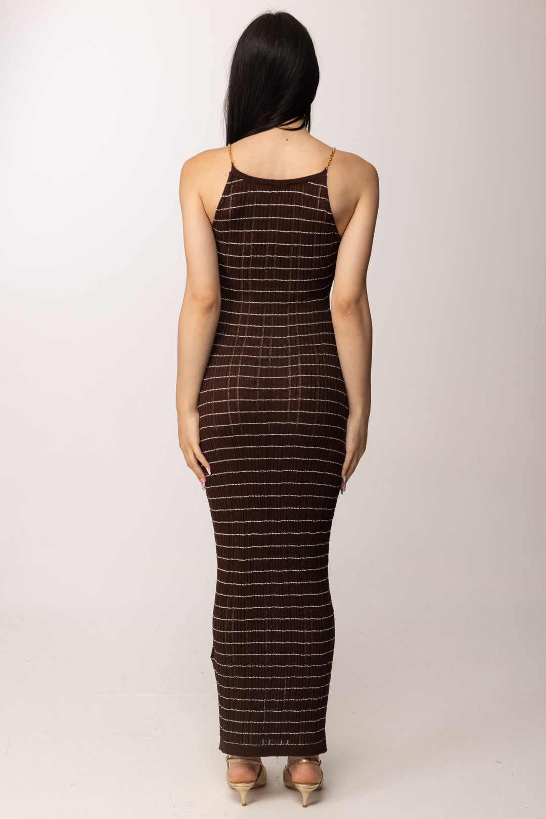 Elisabetta Franchi Abito Lungo In Maglia a Righe con Catene AM29Q62E2 CACAO/AVORIO
