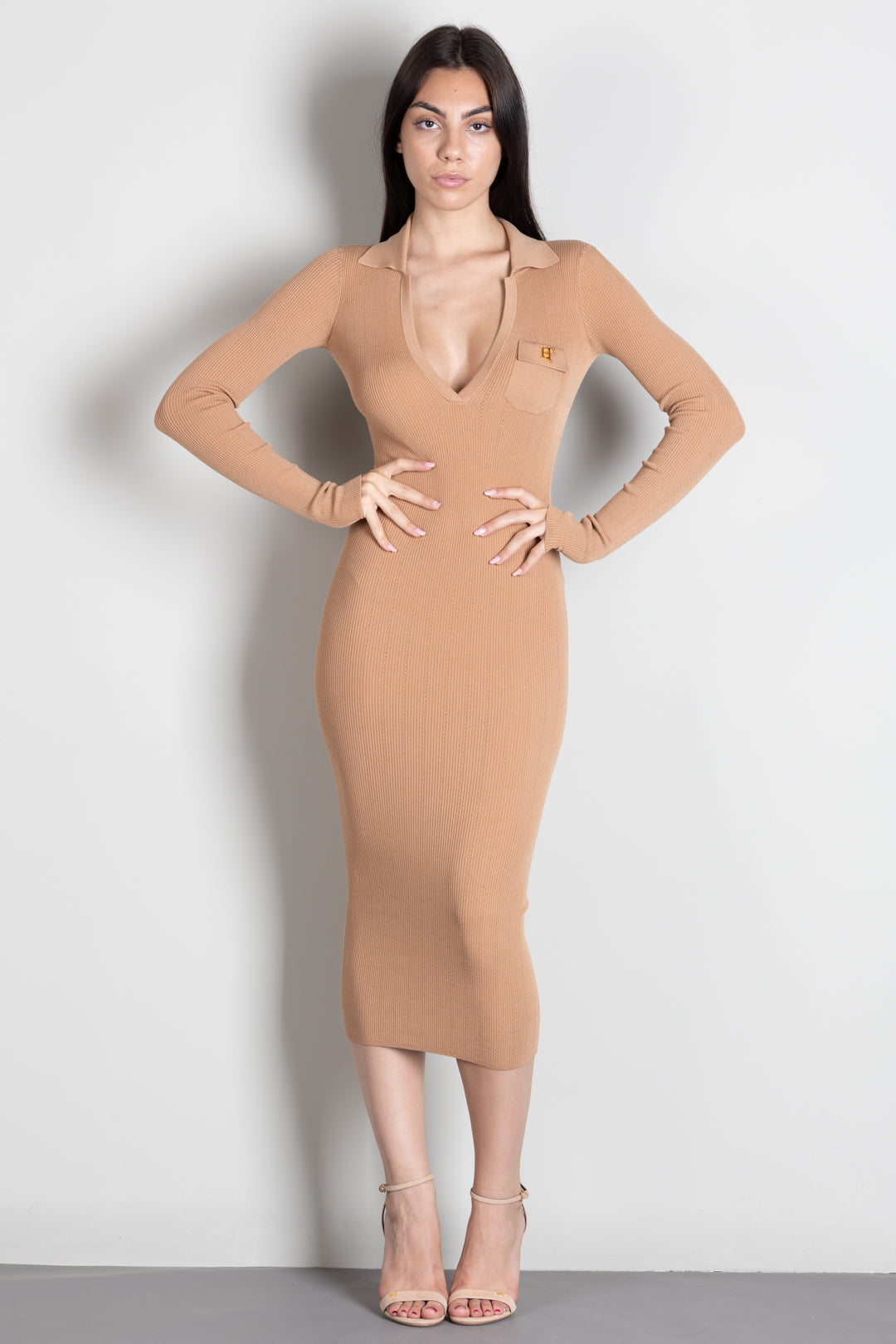 Elisabetta Franchi Abito Lungo In Maglia con Colletto Polo AM08B66E2 PELLE