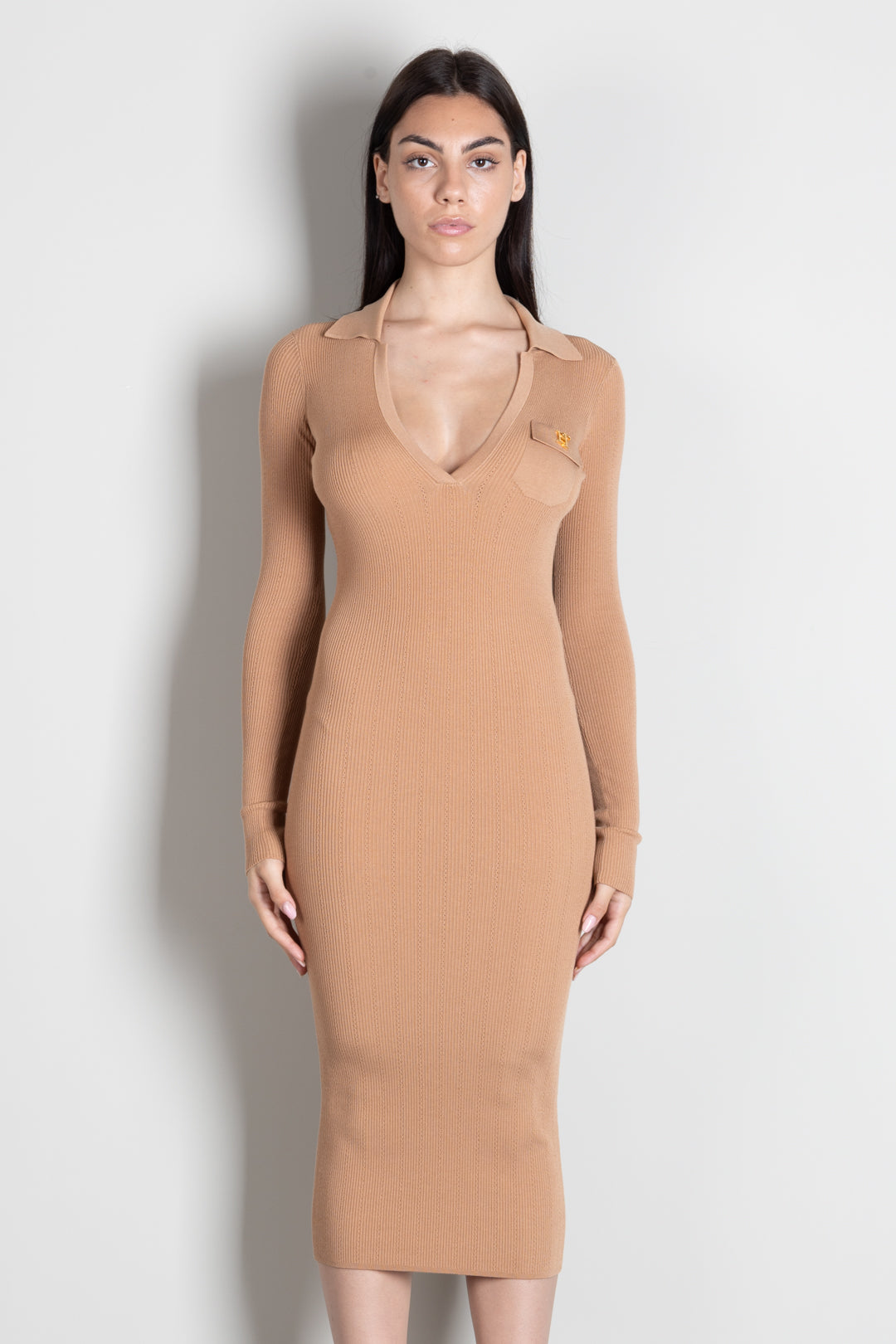 Elisabetta Franchi Abito Lungo In Maglia con Colletto Polo AM08B66E2 PELLE