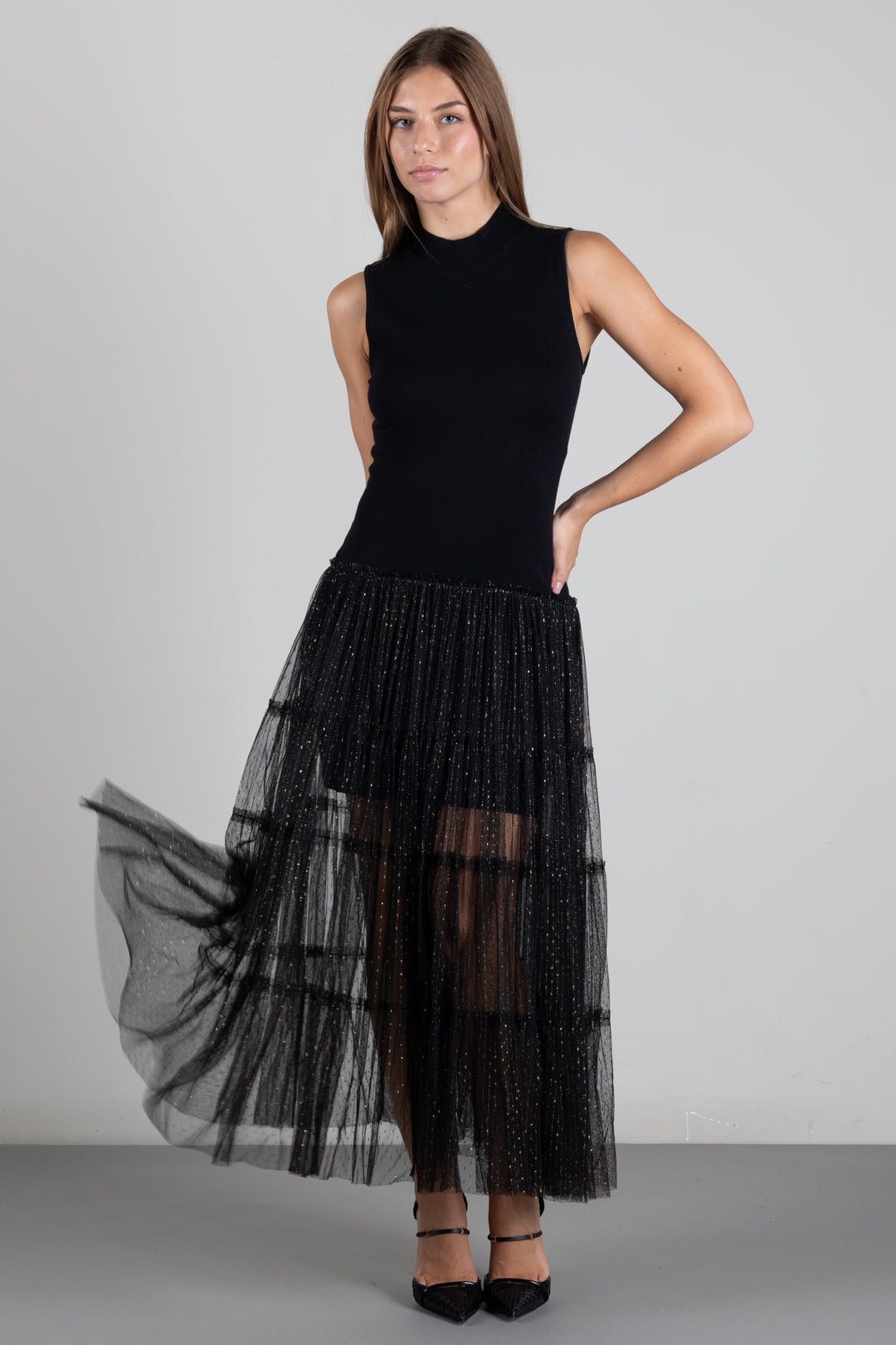 Twin-set Abito Lungo In Maglia con Gonna In Tulle Plumetis Lurex 262TT3421 NERO