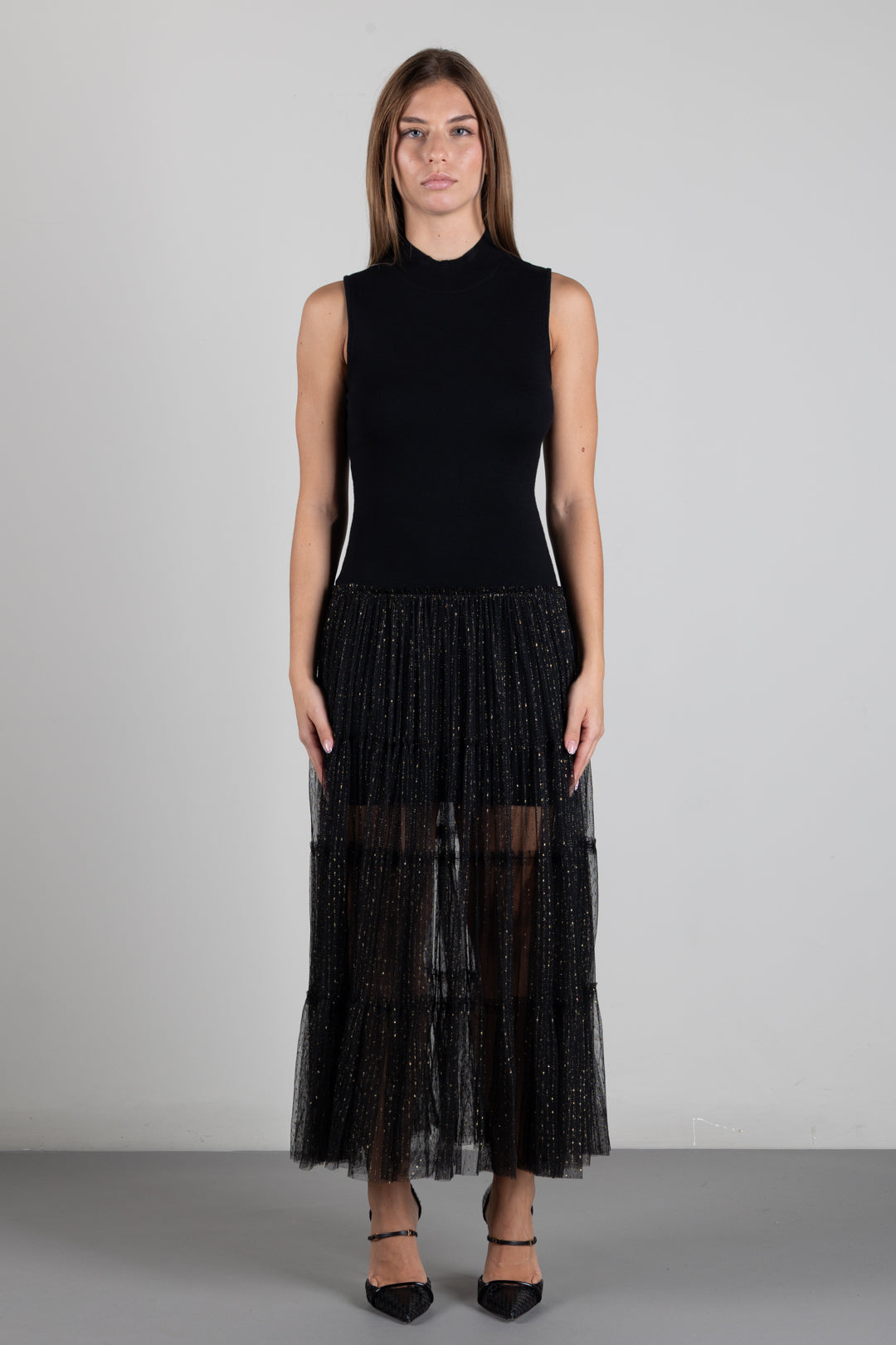 Twin-set Abito Lungo In Maglia con Gonna In Tulle Plumetis Lurex 262TT3421 NERO