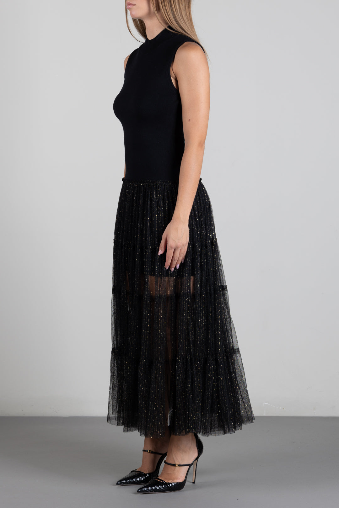 Twin-set Abito Lungo In Maglia con Gonna In Tulle Plumetis Lurex 262TT3421 NERO
